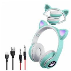 Портативні колонки та навушники - Бездротові Bluetooth навушники з вушками Cute Headset CH-28J підсвічування RGB та MP3 плеєр MicroSD FM-Радіо М'ятні (GD HS-310/3)