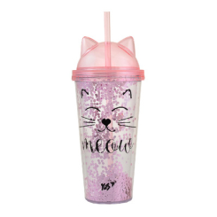 Чашки, склянки - Тамблер-склянка YES Pink Cat з блискітками 450мл з трубочкою (707076)