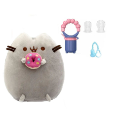 М'які тварини - Набір м'яка іграшка кіт з Пончиком та дитячий ніблер з насадками S&T Пушин кет 18 х 15 см Сірий (vol-2043)