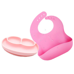 Товары по уходу - Набор силиконовая тарелка коврик для кормления ребёнка 22 х 15 см и слюнявчик силиконовый Розовый (n-1107)
