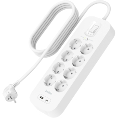 Павербанки - ​Удлинитель-фильтр сетевой Belkin 8хТип F 3x1 5мм кв 16А USB-A/USB-C 18Вт с защитой от перенапряжения 2м белый (SRB003VF2M-V2)