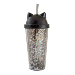 Чашки, склянки - Тамблер-склянка YES Black Cat з блискітками 450мл з трубочкою (707075)