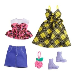 Одяг та аксесуари - Одяг Barbie Два модних образи Жовта сукня в клітинку та джинсова спідниця з рожевим топом (GWF04/GRC83)
