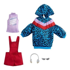 Одяг та аксесуари - Одяг Barbie Два модних образи Сукня-худі леопардовий принт і червоний комбінезон з бузковим топом (GWF04/GRC86)