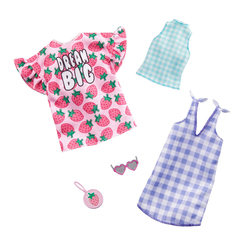 Одяг та аксесуари - Одяг Barbie Два вбрання Рожева футболка і блакитна сукня в клітинку (FYW82/GHX61)