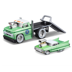 Транспорт і спецтехніка - Ігровий набір Maisto Muscle machines Трейлер-транспортер та машинка 1966 Chevrolet C60 Flatbed та 1961 Cadillac (11532/3)