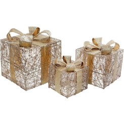 Аксессуары для праздников - Декоративная композиция - 3 коробки 15х20см, 20х25см, 25х30см с LED-подсветкой, шампань с золотом BonaDi DP69606