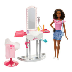 Меблі та будиночки - Набір меблів Barbie Перукар брюнетка з лялькою (DVX51/FJB37)