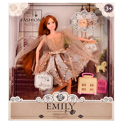 Куклы - Кукла Emily шатенка в коричневом платье с собачкой (QJ090C)