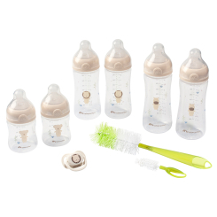 Бутылочки, соски и аксессуары - Полный набор для кормления Bebe Confort Physio air soft sand с пустышкой и щеточкой (3101202500)