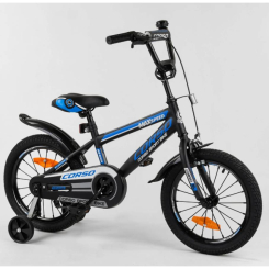 Велосипеды - Велосипед CORSO 16" (собран на 75%) стальная рама, стальные противоударные диски с усиленной спицей Black/Blue (101995)
