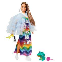 Ляльки - Лялька Barbie Extra у довгій веселковій сукні (GYJ78)
