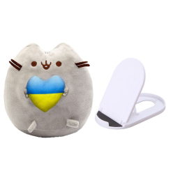 М'які тварини - М'яка іграшка S&T Пушин кет із серцем у лапках 25 см Сірий та Підставка для гаджетів Білий (vol-10399)