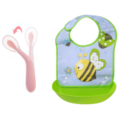 Товари для догляду - Набір ложка силіконова з утриманням форми вигину для годування дитини Рожева і слинявчик Бджола (n-802)