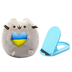 М'які тварини - М'яка іграшка S&T Пушин кет із серцем у лапках 21х25 см Сірий та Підставка для гаджетів Блакитний (vol-10392)