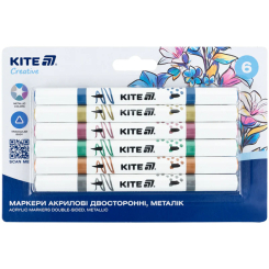 Канцтовари - Набір акрилових маркерів Kite Creative​ двосторонніх металлік 6 кольорів (M012) (K-1294)