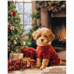 Товары для рисования - Картина по номерам Ідейка Пудель возле елки 40 х 50 см (KHO6832)