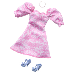 Одяг та аксесуари - Набір одягу Barbie Рожева сукня з об'ємними рукавами з принтом та блакитні туфлі (GWD96/HRH40)