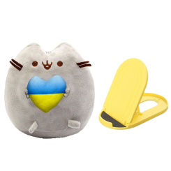 М'які тварини - М'яка іграшка S&T Пушин кет із серцем у лапках 25 см Сірий та Підставка для гаджетів Жовтий (vol-10384)