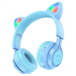 Портативні колонки та навушники - Навушники бездротові з вушками дитячі HOCO W39 Cat ear kids з підсвічуванням RGB блакитні (019741)