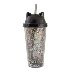 Чашки, стаканы - Тамблер-стакан YES Black Cat с блестками 450мл с трубочкой (707075)