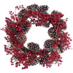 Аксессуары для праздников - Венок новогодний декоративный из красных ягод с шишками Bona DP42749