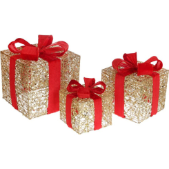 Аксесуари для свят - Набір декоративних подарунків 3 шт 15см, 20см, 25см з підсвічуванням золотий з червоним (99089)