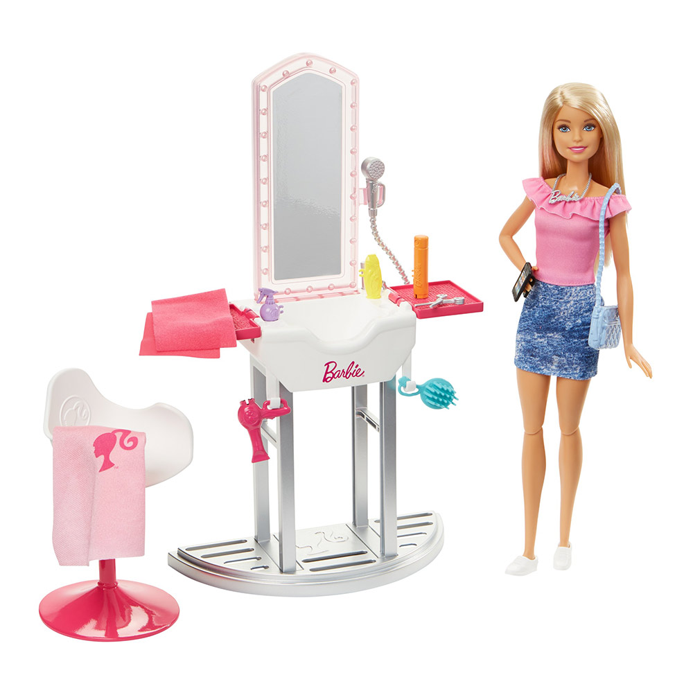 Акция на Набор мебели Barbie Парикмахер блондинка с куклой (DVX51/FJB36) от Будинок іграшок