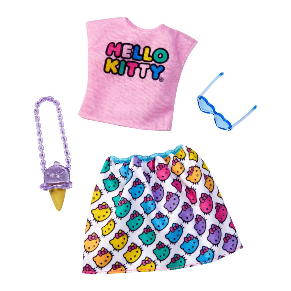 

Одежда Barbie Стильные принты радужная юбка Hello Kitty и розовый топ (FYW81/FXK82)