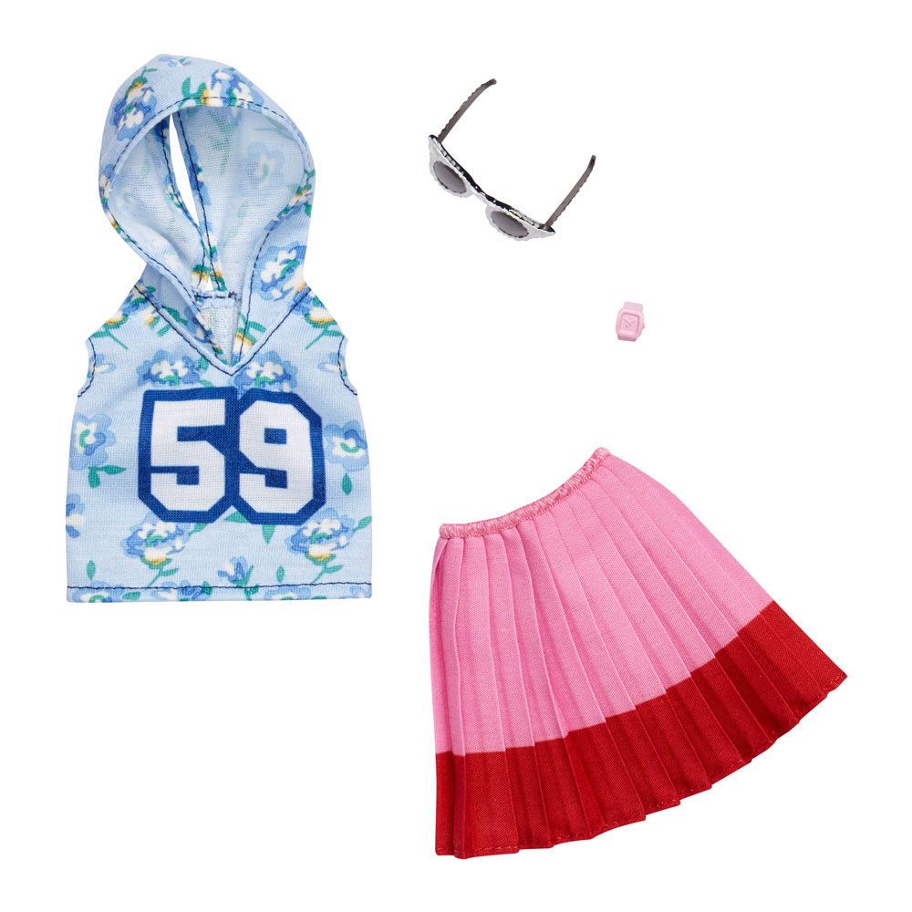

Одежда Barbie Одень и иди голубая кофточка с капюшоном и розовая юбка (FYW85/FXJ10)