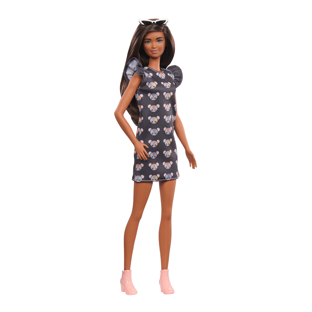 

Кукла Barbie Fashionistas брюнетка в сером платье с принтом мышек (FBR37/GYB01)