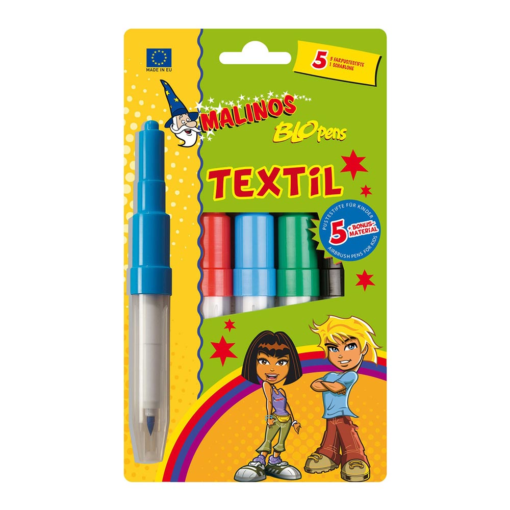

Фломастеры-аэрографы Malinos Textil 5 цветов с трафаретом (MA-300990)