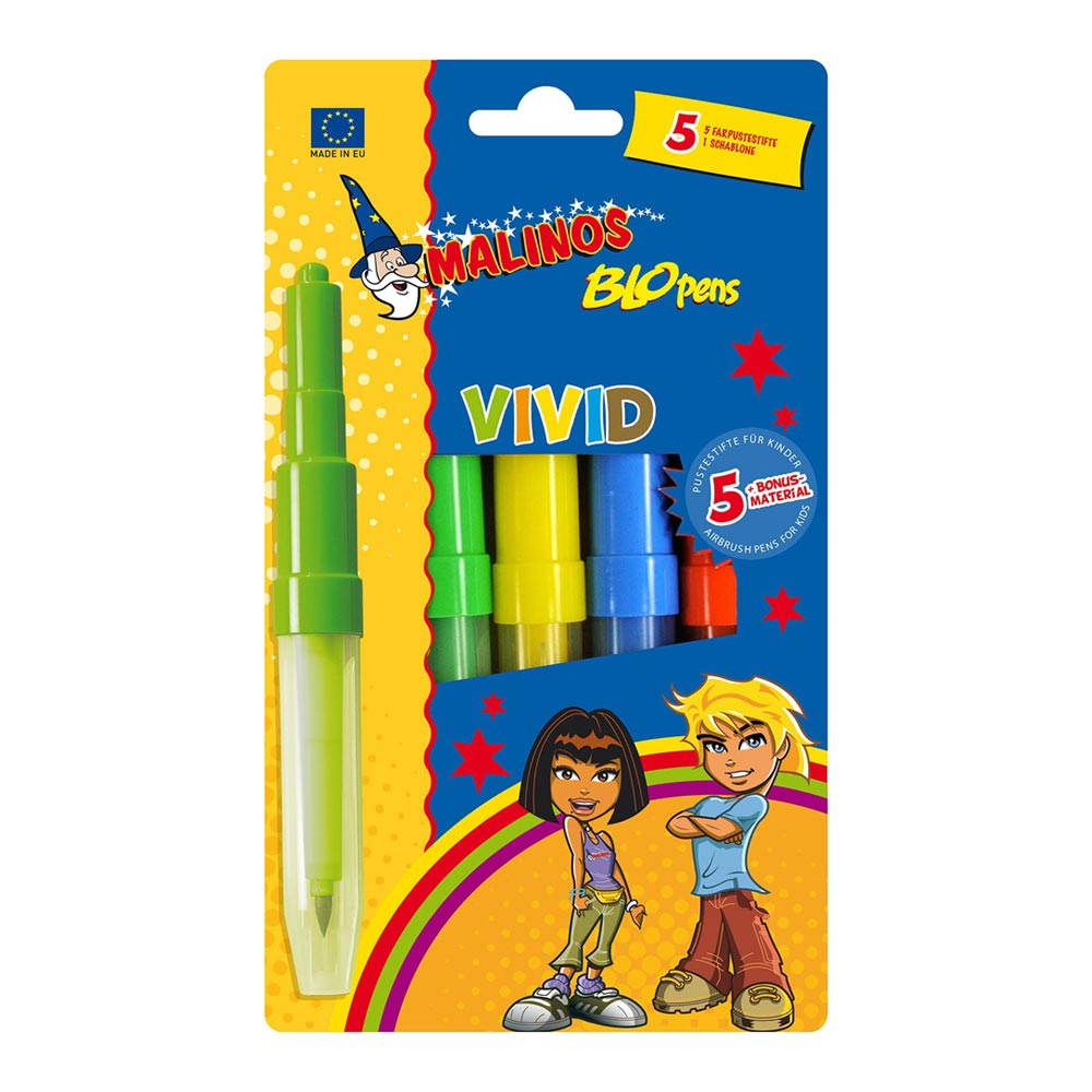 

Фломастеры-аэрографы Malinos Vivid 5 цветов с трафаретом (MA-300919)