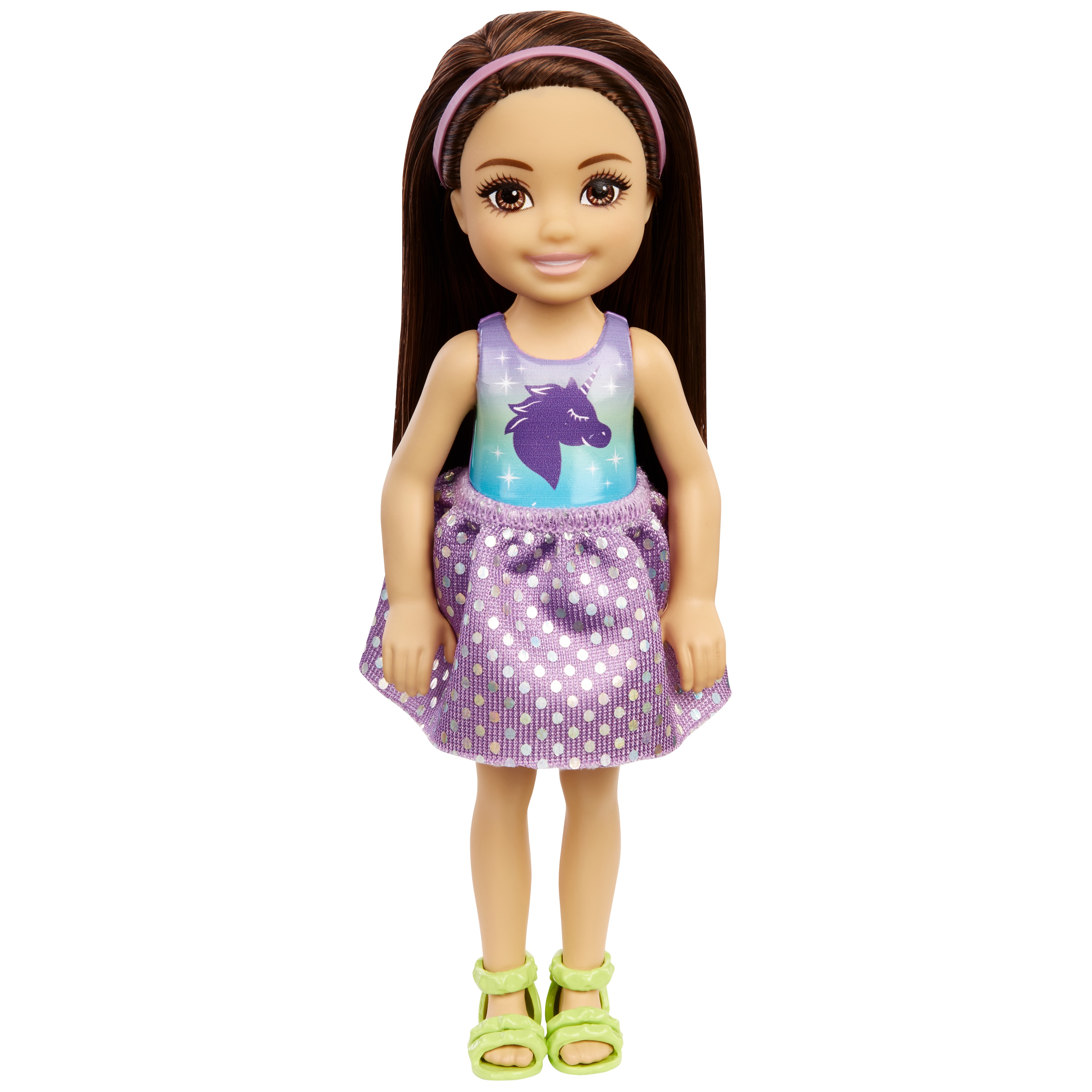

Лялька Barbie Club Chelsea Брюнетка у фіолетовому топі з єдинорогом (DWJ33/GXT39)