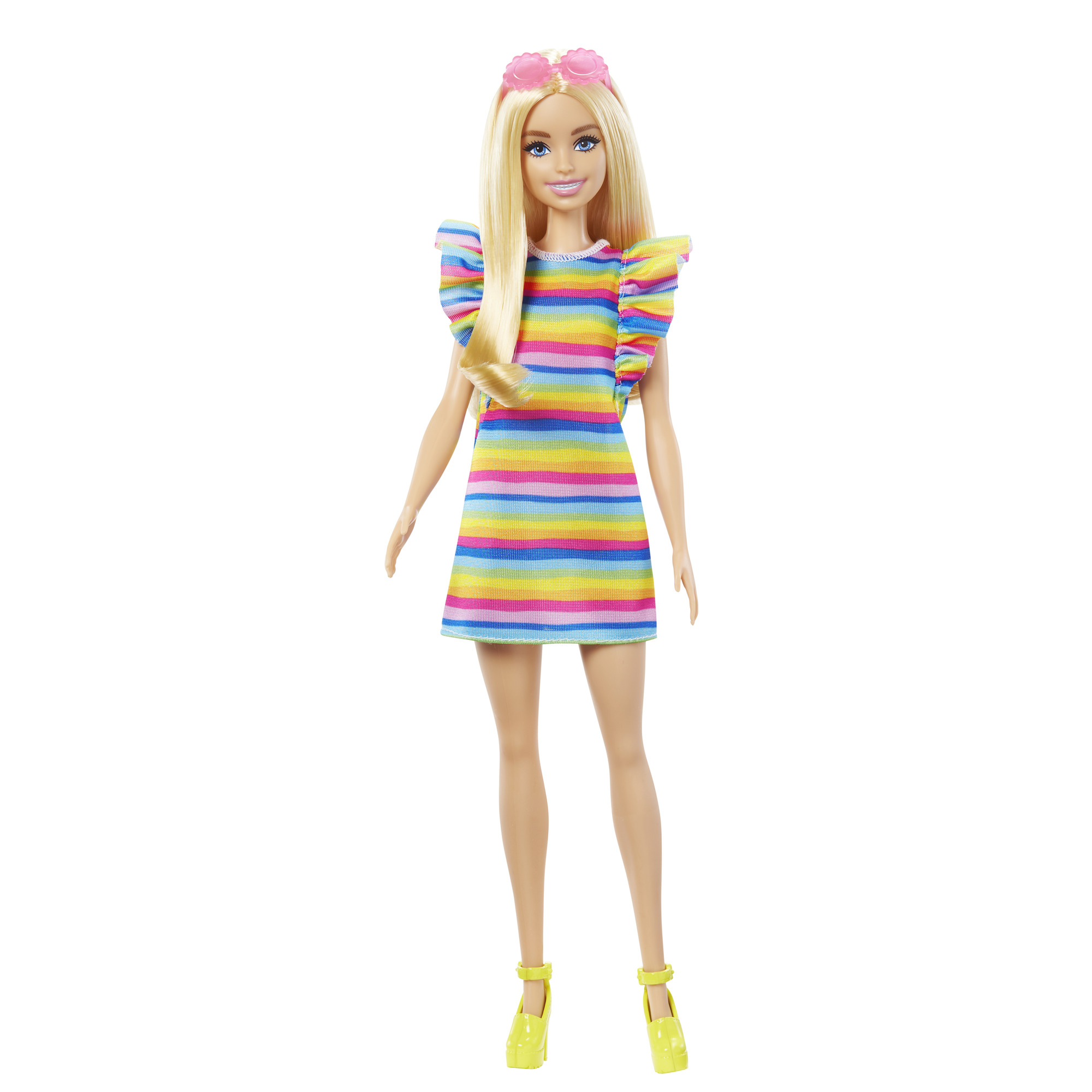 Акція на ​Лялька Barbie Fashionistas з брекетами у смугастій сукні (HPF73) від Будинок іграшок