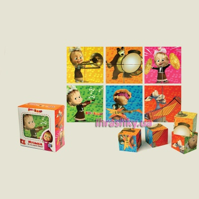 Розвивальні іграшки - Іграшка-кубики Маша і ведмідь На чому грає Маша; 6 малюнків (MM-902)