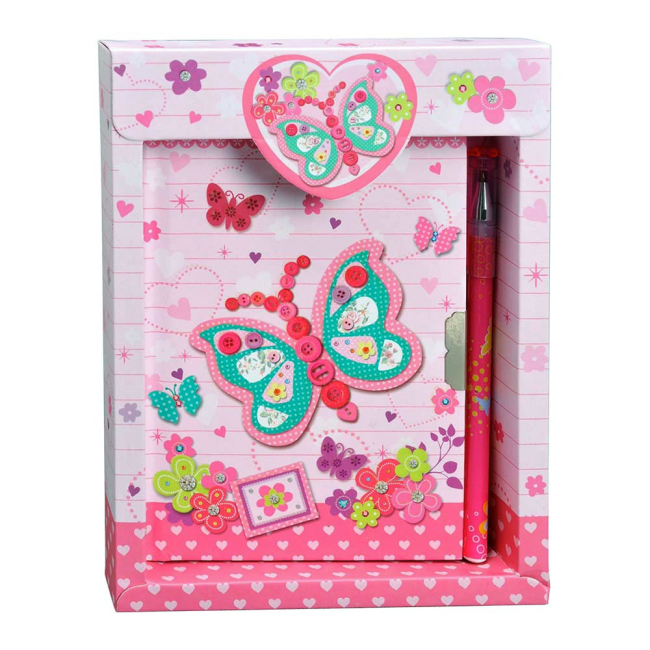 Канцтовари - Блокнот дитячий на замочку в подар. коробочці з ручкою метелик (640410-A)