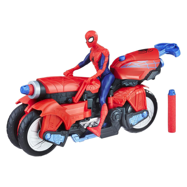 Фигурки персонажей - Набор игрушечный Spider-man Человек паук на мотоцикле трансформере 15 см (E0593)