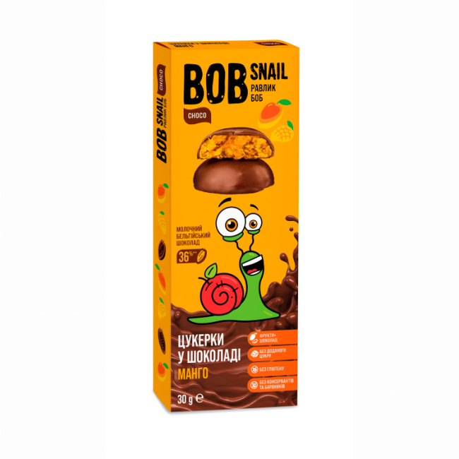Солодощі - Натуральні цукерки Bob Snail Мангові в бельгійському молочному шоколаді (4820219341314)