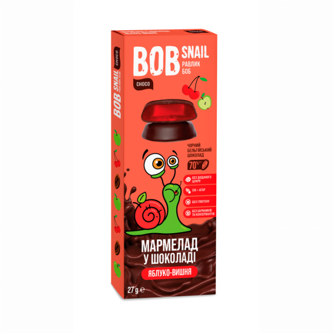 Сладости - Натуральный мармелад Bob Snail Яблоко-вишня в черном бельгийском шоколаде (4820219341161)