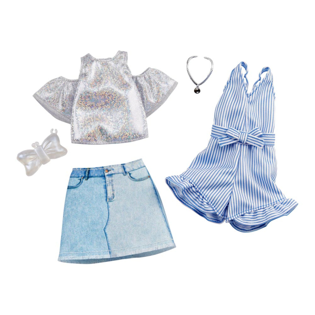 Одежда и аксессуары - Одежда Barbie Два наряда Комбинезон в полоску и топ с голубой юбкой (FYW82/GHX56)