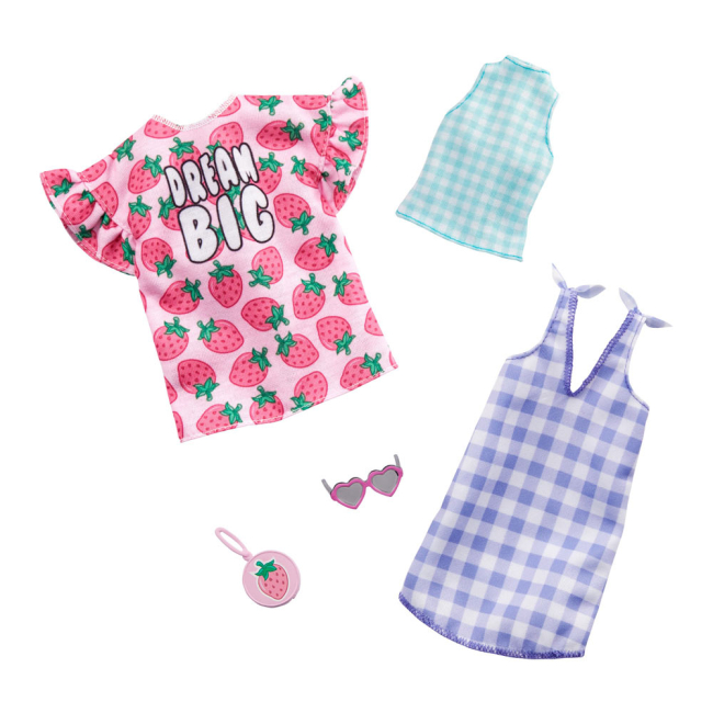 Одежда и аксессуары - Одежда Barbie Два наряда Розовая футболка и голубое платье в клеточку (FYW82/GHX61)