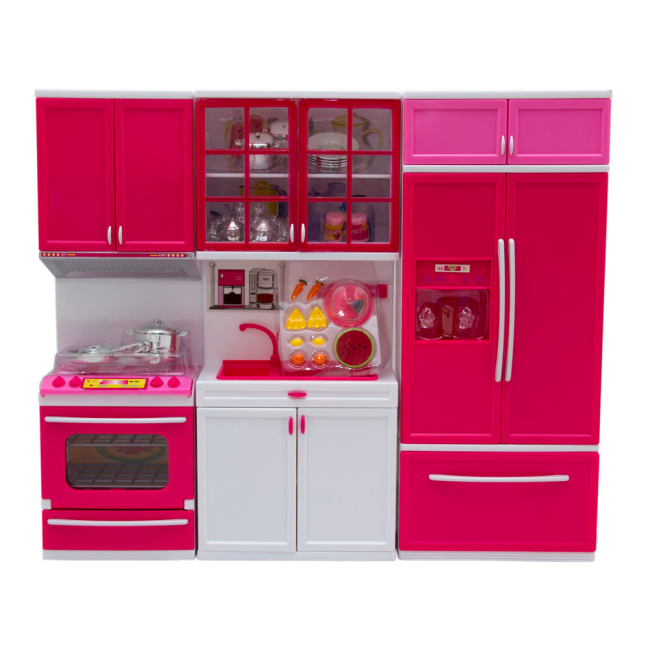 Меблі та будиночки - Меблі для ляльок Qun feng toys Сучасна кухня рожева із ефектами (QF26210PW)