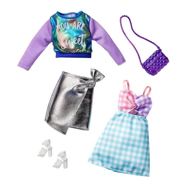 Одяг та аксесуари - Одяг Barbie Два вбрання Сарафан у клітинку та срібляста спідниця із бантиком (FYW82/GHX62)