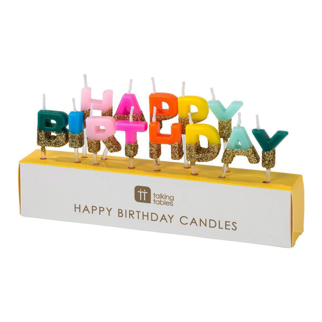 Аксесуари для свят - Свічки для торта Talking tables З Днем народження Веселка з блискітками 13 штук (RAIN-CANDLE-HB)