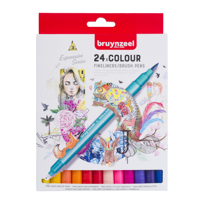 Канцтовари - Лінери-пензлі Bruynzeel Fineliner Brush pen 24 кольори двосторонні (60325024) (566495)