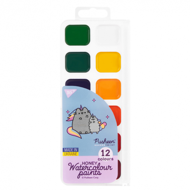 Канцтовары - Краски акварельные медовые Yes Pusheen 12 цветов (110275)