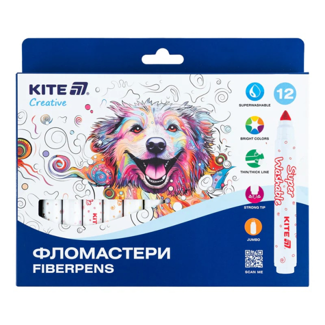 Канцтовары - Набор фломастеров Kite Creative superwashable Jumbo 12 цветов (K-1155)