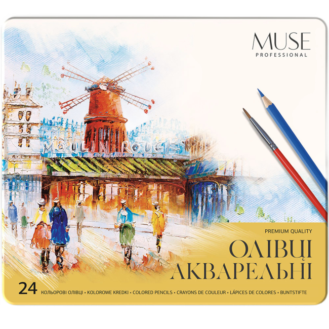 Канцтовари - Олівці акварельні MUSE Шестигранні з пензликом Металева коробка 24 кольори (103M-24)