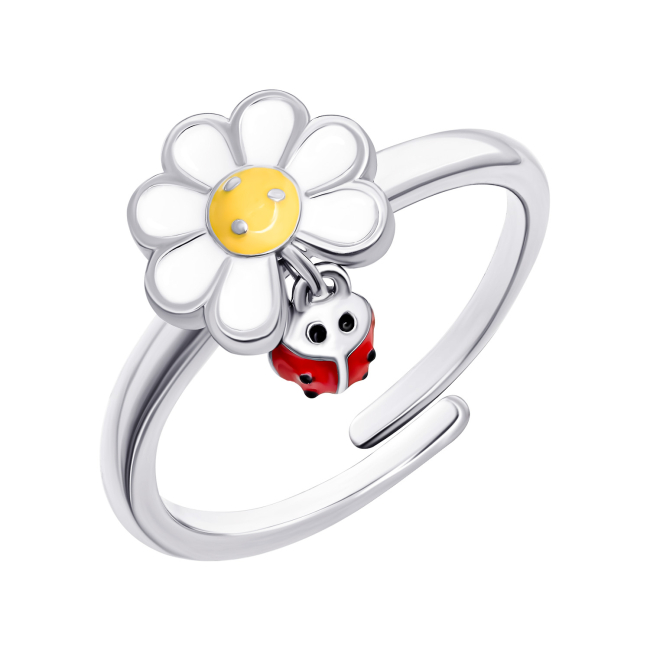 Ювелирные украшения - Кольцо UmaUmi Flowers Ромашка с божьей коровкой с белой, желтой и красной эмалью (2210000018471)
